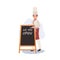 Experienced Chef in Friendly Gesture. Male Chef Inviting with Welcoming Gesture near welcome board. Flat vector cartoon