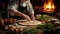 Experienced chef prepares traditional pizza in a rustic kitchen with a wood-fired oven