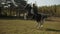 An experienced female rider in an open-air enclosure teaches a young horse tricks and show jumping for competitions.