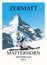 Experienced female skier glides on skis against the backdrop of the Matterhorn mountain. Zermatt ski resort vintage