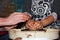 experienced master potter teaches the art of making pots clay on the\'s wheel