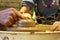 experienced master potter teaches the art of making pots clay on the\'s wheel