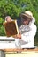 Experienced senior beekeeper making inspection in apiary