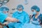 An experienced veterinarian in a mask and gown operates a pet dog in a sterile operating room with an assistant and an