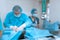 An experienced veterinarian in a mask and gown operates a pet dog in a sterile operating room with an assistant and an