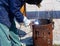 An experienced welder at work. Preparation and welding process of cast iron furnace. Selection focus. Shallow depth of field