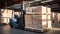 Expert forklift operator loading cardboard boxes with stacker loader in busy warehouse
