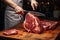 Expert hands cut raw lamb chump as butcher crafts quality meat pieces