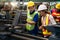 An expert technician is inspecting industrial machinery in a steel factory. Engineers are working and repairing machines in