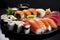 An expertly crafted sushi platter featuring an assortment of fresh and vibrant rolls and sashimi. (Generative AI)