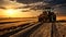 Expertly Drawn Tractor Driving Down Dirt Road At Sunset