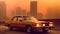 Expesive retro car in 70s style on the urban street with orange sky.