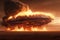 exploding alien spacecraft on a desert landscape. fire, flames, smoke, explosion, futuristic, apocalyptic.