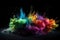 Exploding colour powder in rainbow colours on a black background created with generative AI technology