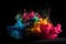 Exploding colour powder in rainbow colours on a black background created with generative AI technology