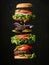 An exploding view of a layered cheeseburger with droplets of sauce suspended mid-air against a dark background