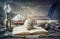 Exploration and nautical theme grunge background. Globe, telescope, divider, old coins, shell, map, book, hourglass, quill pen on