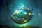 Exploration submarine. Mysterious underwater world. Fantasy illustration