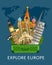 Explore Europe banner with famous attractions.