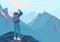 Explore mountain vector background. Man with backpack and binoculars stand on peak edge and look on landscape