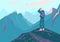Explore mountain vector background. Man with backpack and binoculars stand on peak edge and look on landscape