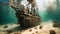 Explore sunken pirate ship ocean depths mysterious view, An underwater scene of a sunken pirate ship, AI Generated