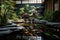 Explore a vibrant room where abundant water and lush plants create a serene and refreshing oasis, A tranquil zen garden with koi