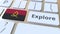 EXPLORE word and national flag of Angola on the buttons of the keyboard. 3D animation