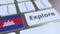 EXPLORE word and national flag of Cambodia on the buttons of the keyboard. 3D animation