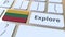 EXPLORE word and national flag of Lithuania on the buttons of the keyboard. 3D animation