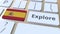 EXPLORE word and national flag of Spain on the buttons of the keyboard. 3D animation