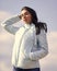 Explore your true style. Beauty and fashion look. Girl spring jacket blue sky background. Woman fashion model outdoors