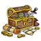 Explorer chest colorful illustration. Fantasy character chest with adventure items. Treasure hunter comic style doodle. Gold coins