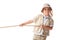 Explorer kid in hat and glasses holding rope and looking at camera isolated on white