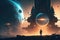 An explorer lands on new world against the background of alien landscape. Science Fiction concept