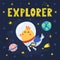 Explorer space print with cute bird astronaut. Cosmic card in cartoon style