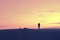 Explorer woman overlooking the desert from atop a dune against a golden sky at sunset.