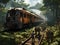 Explorers discover an AI-generated derelict train amidst dense foliage