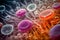 Exploring the Intricate Microcosm: Macro Close Up Shot of Bacteria and Virus Cells, Petri Dish, Generative AI