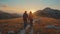 Exploring the mountains at sunset a group of adventurous hikers embarking on a nature trek.