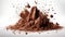 Explosion of cocoa powder with lumps isolated on white background. Generative Ai