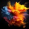 Explosion of colorful liquid against a black background with mystic symbolism