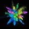 Explosion of colorful powder isolated on dark black background. Holi paint color dust explode in freeze motion. Generative AI