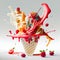 explosion of the fantastic colorful ice cream with fruits, syrup and splashes made with generative AI