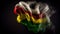 Explosion or Splashing of Smoke Wind in Shape of National Flag of Benin Country on Dark Background Generative AI