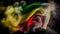 Explosion or Splashing of Smoke Wind in Shape of National Flag of Benin Country on Dark Background Generative AI