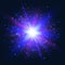 Explosion star on dark background. Star burst with beams and sparkles. Futuristic light. Blue and violet flash with rays and spotl