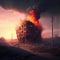 explosion of terrifying fire in deserted and overgrown postapocalyptic city
