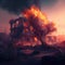 explosion of terrifying fire in deserted and overgrown postapocalyptic city