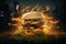 Explosive Gourmet Double Cheeseburger in Fiery Action - Generative AI